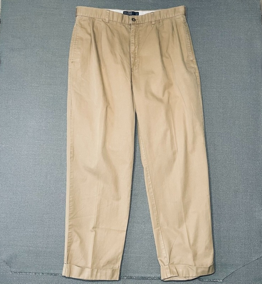 Polo Ralph Lauren Hammond Pants Men 36x30 Khaki Tan Pleated Cuffed Chino Vintage